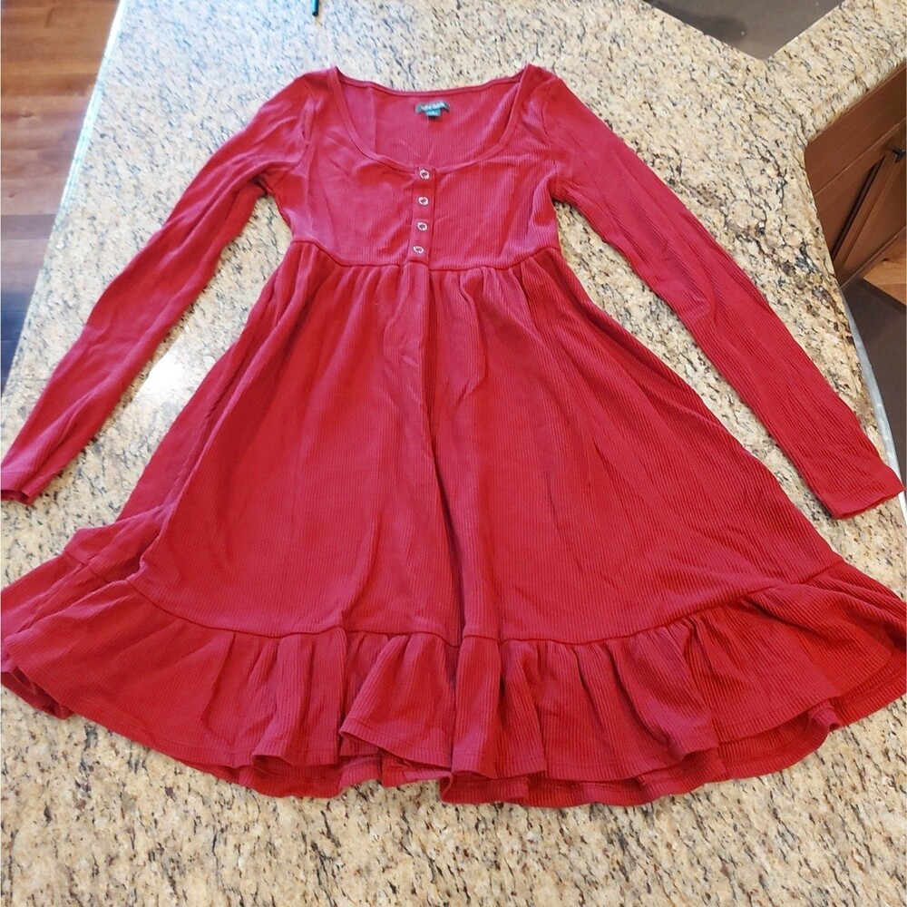 Wild Fable Women’s Long Sleeve Burgundy Babydoll Dress Size Small Waffle Knit
